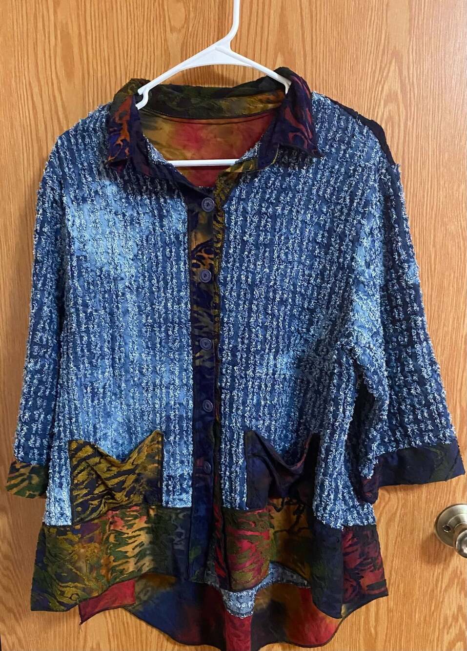 Women’s Boho Patchwork Tunic Shirt Textured Blue  Artsy Lagenlook Top